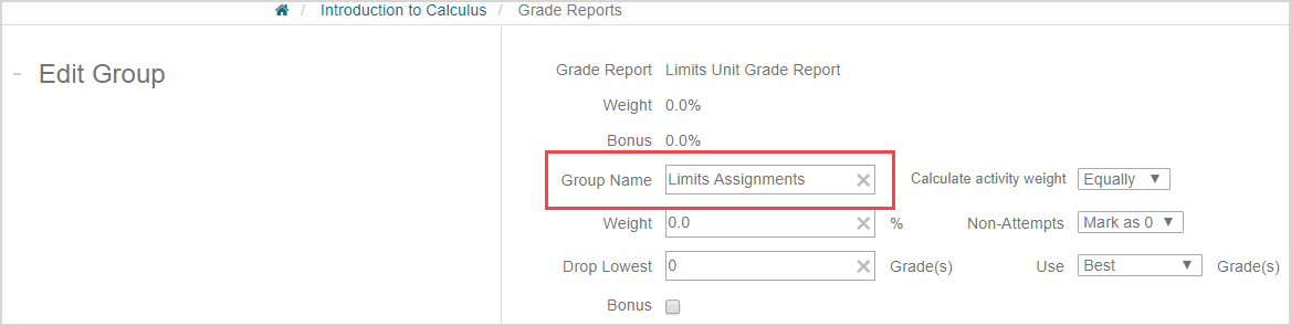 The group name field is highlighted and the value of limits assignments has been entered.